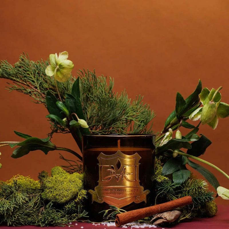 A candle with a gold and black design, surrounded by green moss and plants, with a cinnamon stick and white flowers nearby. DMJ Home Fragrance candle. Luxury Clean Candle.