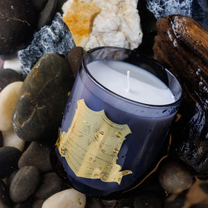 Water Wood candle by DMJ Home Fragrance in blue glass with gold crest, resting on river stones and driftwood
