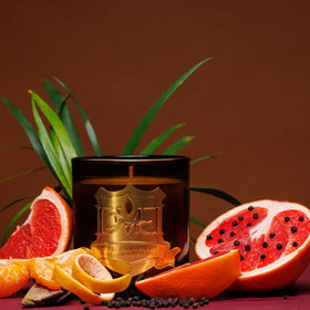 A candle with a brown tint, possibly made of coconut wax, is presented alongside citrus fruits like grapefruit and orange, and spices like black pepper and geranium leaves, suggesting the candle's fragrance profile. DMJ Home Fragrance candle. Luxury Clean Candle.