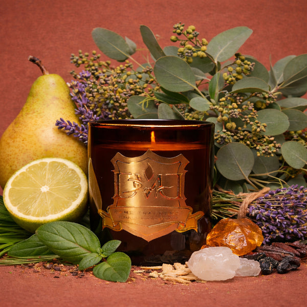 Candle with decorative emblem surrounded by fruits, herbs, and flowers on a red background