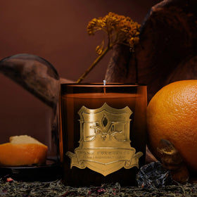 A scented candle with a gold label, surrounded by citrus fruit and flowers, with a dark background. DMJ Home Fragrance candle. Luxury Clean Candle.