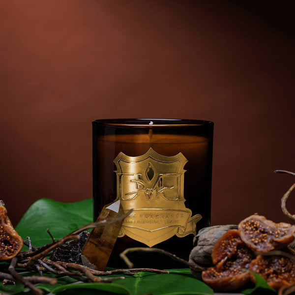 A dark colored candle with a gold label, surrounded by foliage and what appears to be dried fruit, against a reddish-brown background. DMJ Home Fragrance candle. Luxury Clean Candle.