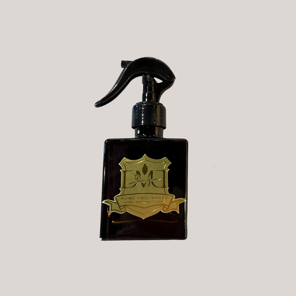 5 oz DMJ Home Fragrance room and linen spray, amber glass bottle with black trigger mister and gold crest
