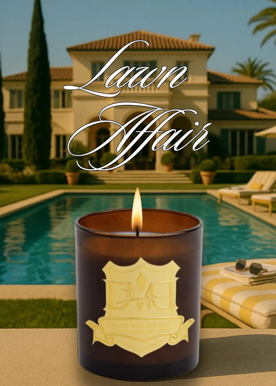 Lawn Affair fresh-cut grass candle by DMJ Home Fragrance with basil, lemon, sage, rosemary, and white flowers