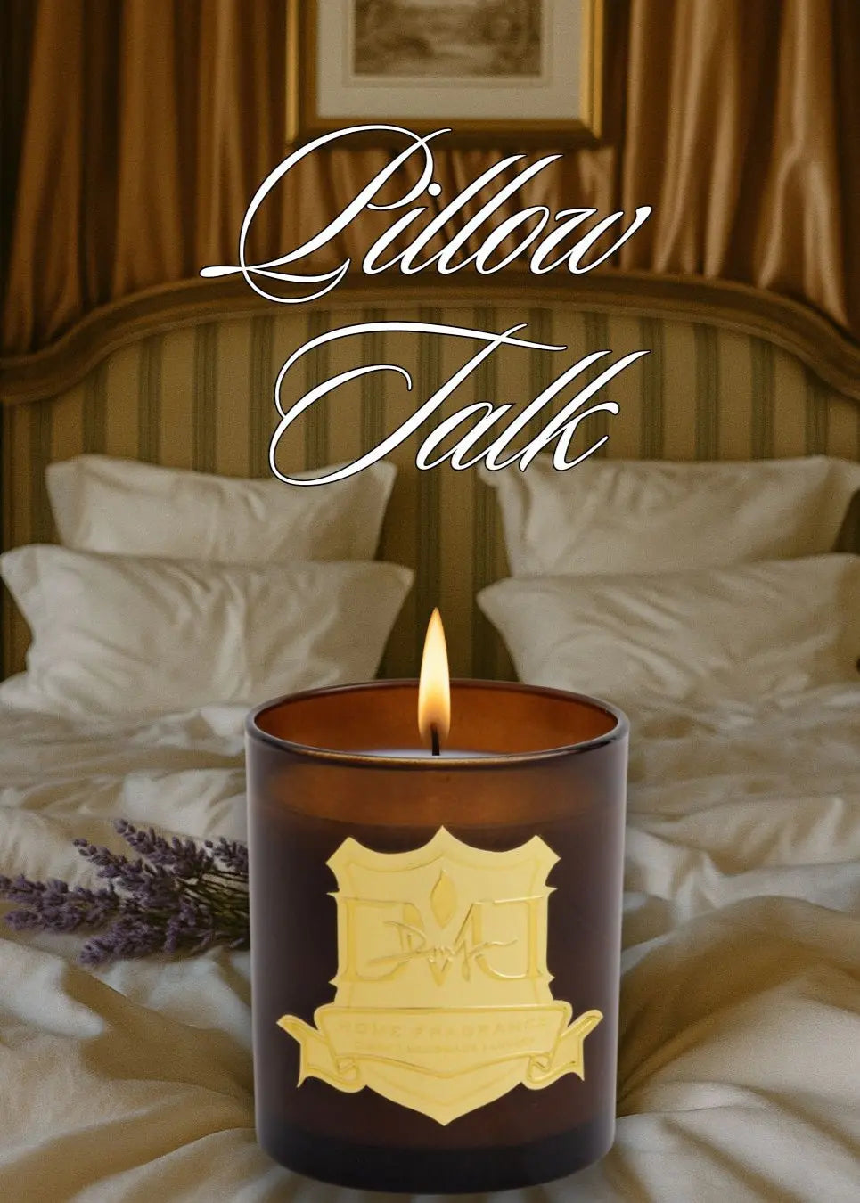 Lit Pillow Talk candle by DMJ Home Fragrance with pear, lemon, eucalyptus, lavender, and amber crystals