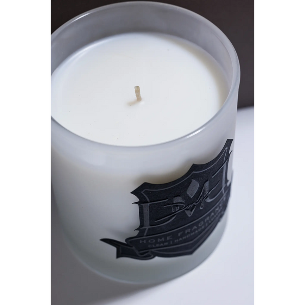 Top view of the Signature Sunday coconut wax candle in frosted white glass by DMJ Home Fragrance